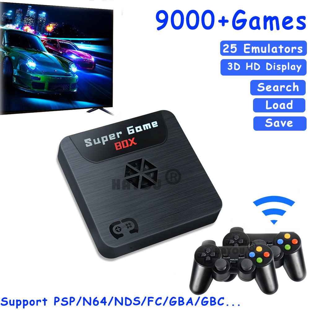 레트로 비디오 게임 콘솔 X5 슈퍼 콘솔 상자 2 무선 컨트롤러 9000 + 게임 PSP/N64/GBA/sms에 대 한 3D HD TV 상자